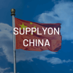 Chinese flag flying against a blue sky with the words SUPPLY ON CHINA overlaid in bold white text.