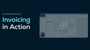A screenshot promoting an on-demand demo video called Invoicing in Action by SupplyOn, featuring a play button on a software dashboard interface.