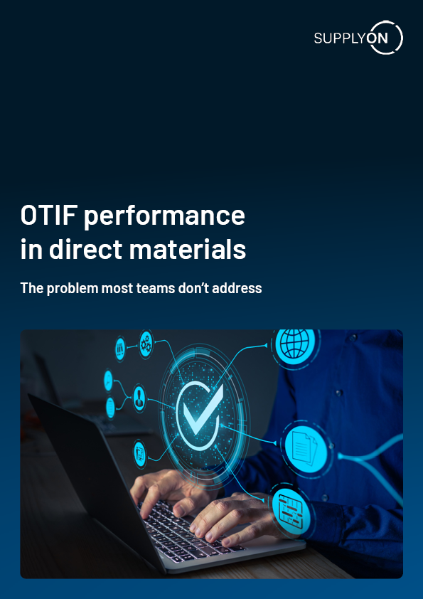 Person typing on a laptop with digital icons and a checkmark overlay; text reads OTIF performance in direct materials. The problem most teams don’t address.