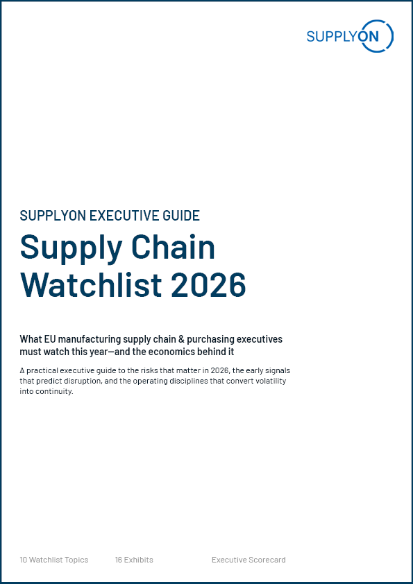 Cover page of a guide titled Supply Chain Watchlist 2026 by SupplyOn, focusing on EU manufacturing supply chain risks, early signals, and operating disciplines for stability.