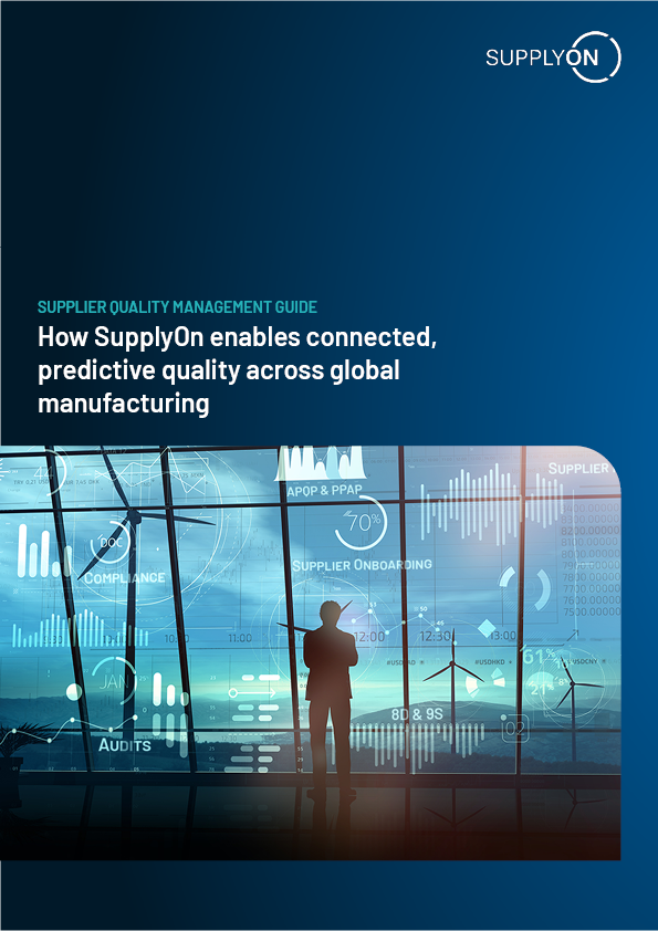 A person stands in front of large digital screens displaying manufacturing and data graphics, illustrating connected and predictive quality management in a global context.