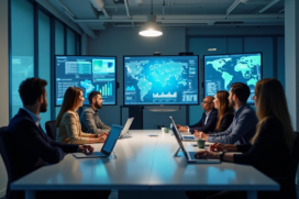 A group of people in business attire sit around a conference table with laptops, facing large screens displaying data charts and world maps in a modern meeting room.