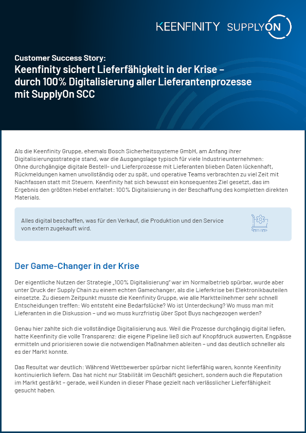 A case study document titled Keenfinity sichert Lieferfähigkeit in der Krise with logos of Keenfinity and SupplyOn and text discussing supply chain digitalization benefits.