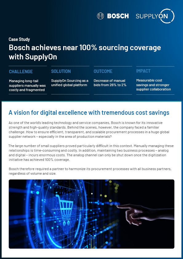 Bosch case study on SupplyOn digital sourcing: manual tasks reduced, increased sourcing coverage, improved supplier collaboration, and cost savings.
