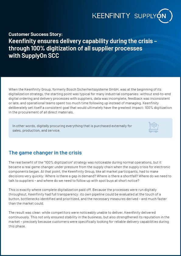 A corporate case study document about Keenfinty and SupplyOn SCC, discussing the complete digitization of supplier processes during a crisis to ensure delivery capability.