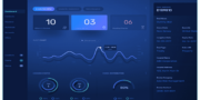 A digital dashboard interface displays key metrics, a summary section with numbers, a fluctuating line graph, and user profile details on a dark blue background.