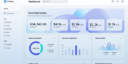 A digital dashboard displays sales data, charts, and revenue updates, showing figures by website, mobile, agent, and yearly sales comparisons.