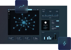 Dashboard interface displaying network visualisation, analytics charts, and key metrics on a dark background, with accent icons depicting a rising graph and a lightning bolt.