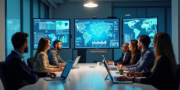 A group of people in business attire sit around a conference table with laptops, viewing world maps and data charts on large screens in a modern office.