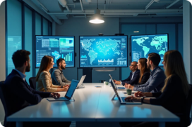 A group of people in business attire sit around a conference table with laptops, viewing world maps and data charts on large screens in a modern office.