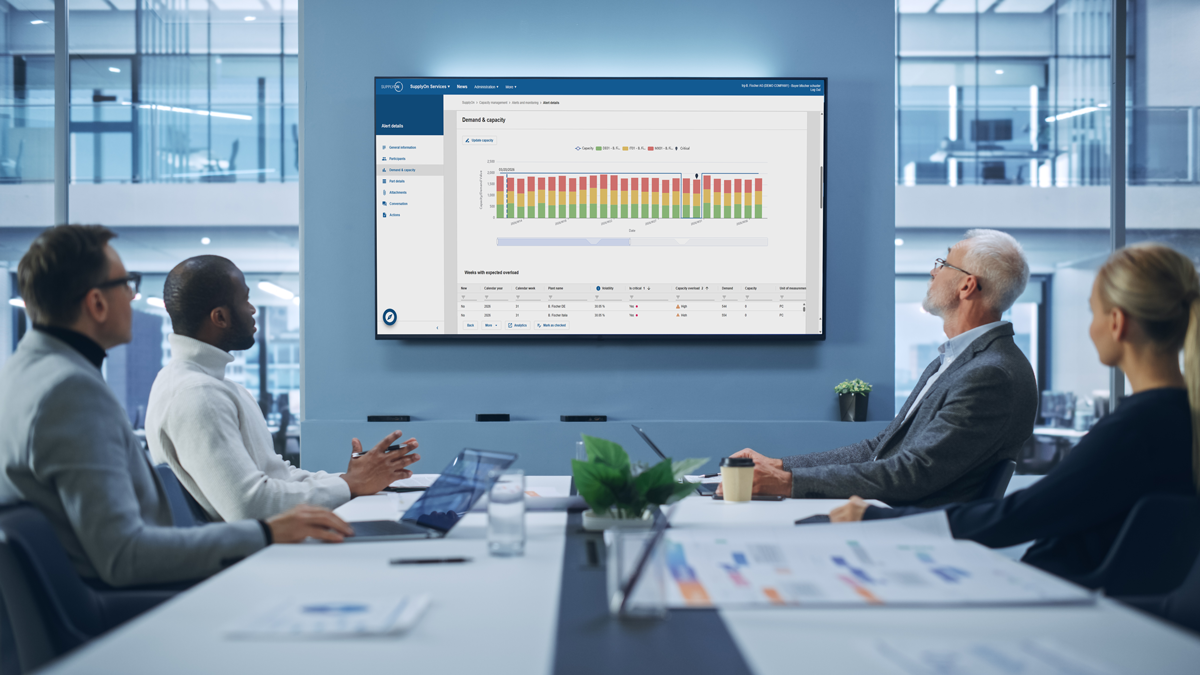 Four people in business attire sit at a conference table, viewing a data chart with coloured bars on a large screen in a modern office meeting room.