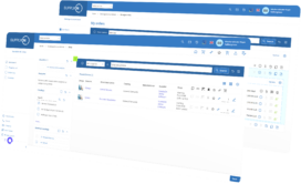 Screenshot of the SupplyOn procurement platform showing My orders and Catalogue procurement pages with navigation menus, search bars, order lists, and supplier details.