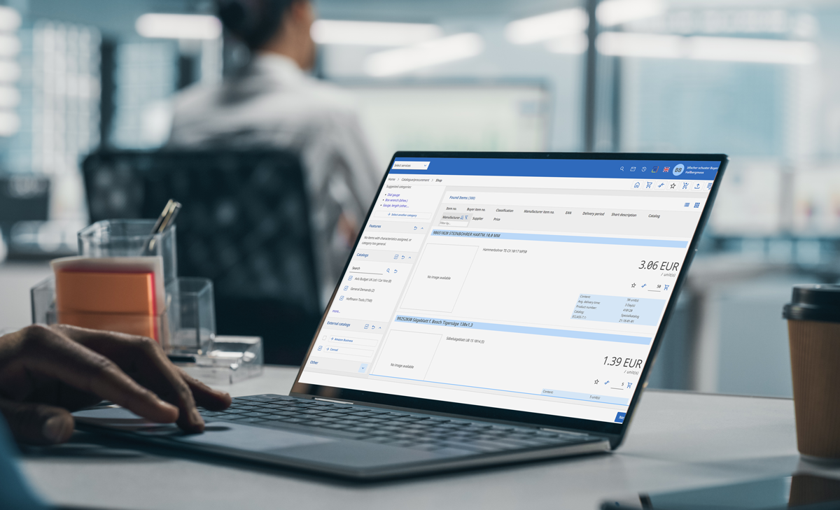 Person using a laptop displaying a financial or invoicing software interface with various entries and Euro amounts, in a modern office setting.