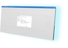 A computer screen displays a software interface with a pop-up window showing settings for generating a report, including options for format and date range.