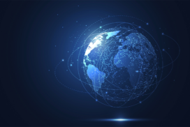 Digital illustration of Earth with glowing continents, surrounded by interconnected lines and nodes on a dark blue background, representing global network connectivity.