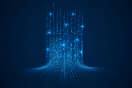 Abstract digital illustration of blue glowing lines and dots flowing upwards on a dark background, representing data transfer or information flow in a technology concept.