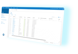 A computer screen displays an invoice management dashboard with a list of documents, statuses, and approval options in a blue and white user interface.