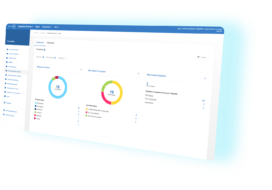 A computer screen shows a dashboard with summary charts, data tables, and navigation menus for managing templates and requests.