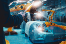 Person uses a digital tablet to control robotic arms in an industrial setting, with holographic interface graphics overlaying the scene.