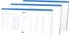 Screenshot showing multiple layered tabs of a web-based supply chain management dashboard with tables listing suppliers, contracts, and status updates.