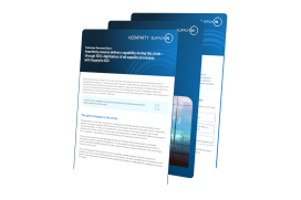 Three overlapping pages displaying a digital case study titled Keenfinity ensures delivery capability during the crisis – through 100% digitisation of all supplier processes with SupplyOn SCC.