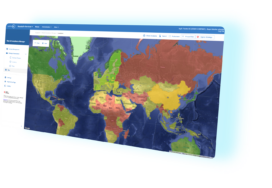 A computer screen displays a world map with countries colour-coded in green, yellow, and red, indicating different compliance or risk levels.
