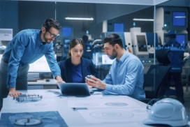 Three people in business attire discuss a mechanical part at a desk with blueprints, a laptop, and a hard hat in a modern industrial office.