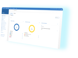 A dashboard interface displays request statistics with two circular graphs labelled Request review and Templates, and a sidebar with navigation options on the left.