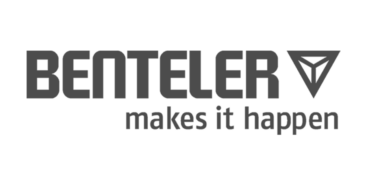 Benteler logo in grey with the slogan makes it happen beneath the company name and a triangular symbol to the right.