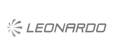 Leonardo logo in grey with a stylised fan-shaped emblem to the left of the word LEONARDO in uppercase letters.