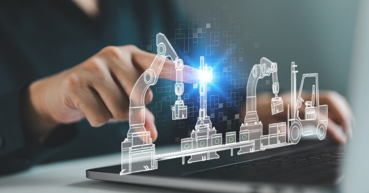 A person touches a laptop keyboard with a holographic overlay of robotic arms, conveyor belt, and forklift representing industrial automation and smart manufacturing.