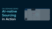 A promotional graphic for SupplyOn's on-demand demo titled AI-Native Sourcing in Action, featuring a blurred interface screenshot and a play button.