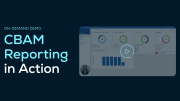 Screenshot of a CBAM reporting dashboard demo with charts and graphs, alongside text that reads “CBAM Reporting in Action” and the SupplyOn logo.