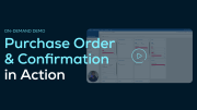 Screenshot of a SupplyOn demo interface with the text Purchase Order & Confirmation in Action and a play button icon.