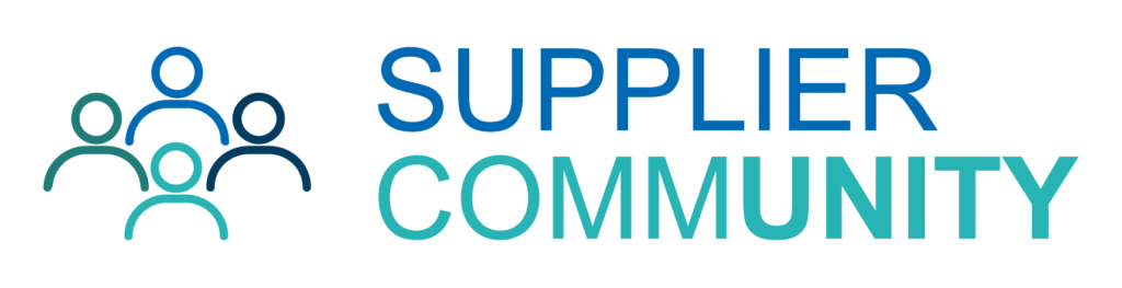 Logo with four abstract human figures on the left and the words Supplier Community in blue and teal text on the right.