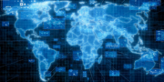 Digital world map in blue tones with technology interface overlays, grids, and data visualisation elements representing global connectivity and data exchange.