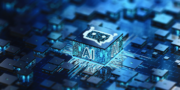 A computer chip labelled AI is illuminated on a blue circuit board, representing artificial intelligence technology in a digital environment.